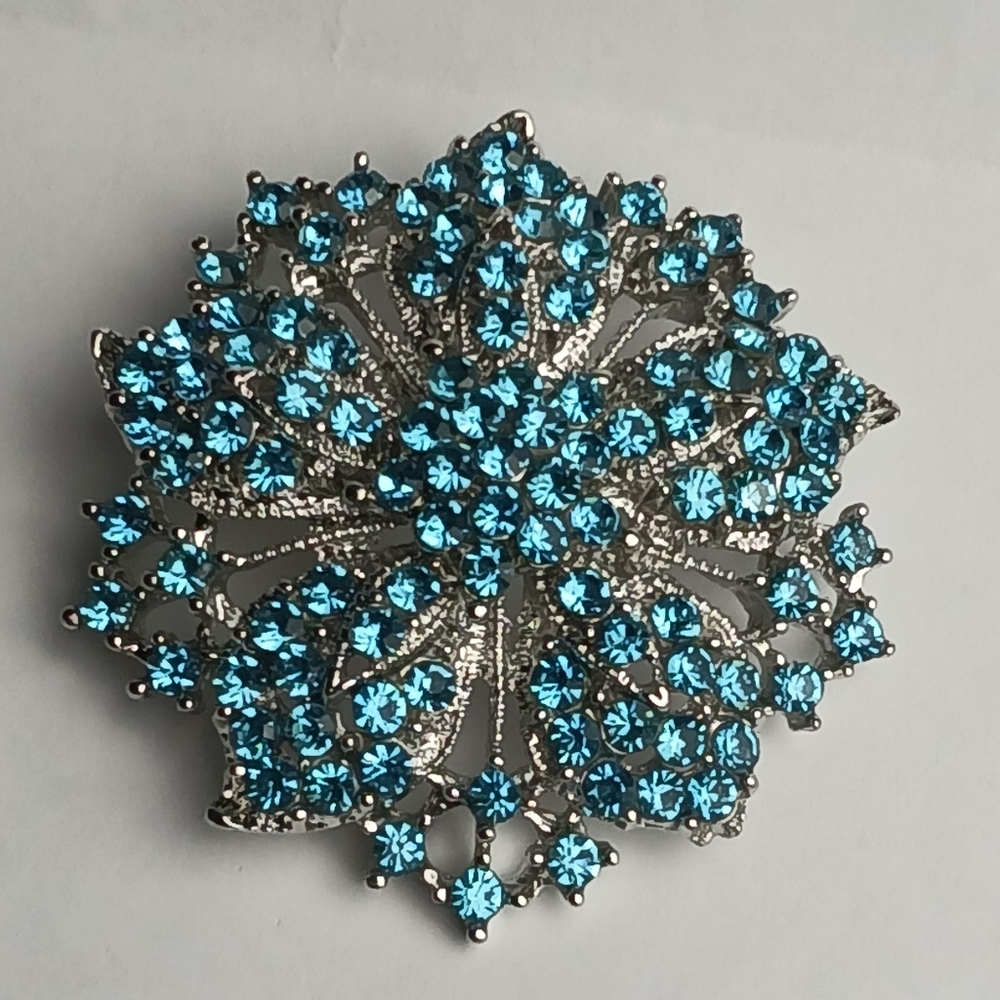 Elegant Aqua Blue Crystal Floral Brooch